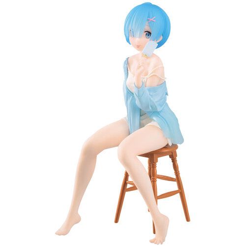 A Banpresto figure of the young anime girl Rem from Re:Zero, with short blue hair, sitting on a wooden stool. She is wearing a light blue shirt over a swimsuit and holds the Re:Zero Starting Life in Another World Relax REM Ice Pop Figure.