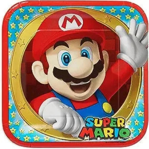 A set of large square Mario Brothers plates featuring licensed Super Mario in his classic red cap and blue overalls, waving happily against a starry background with a prominent "Super Mario" logo at the bottom.Designed by Designware.