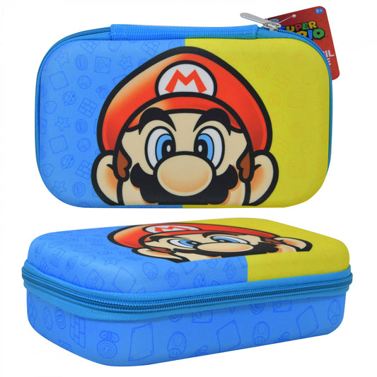 A colorful Super Mario-themed Accessory Innovations molded EVA pencil case featuring Mario's face on the top, set against a blue background decorated with various game icons. The case is zipped and appears to be made of