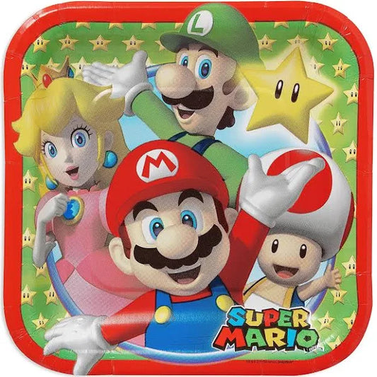A colorful lunchbox featuring Designware's licensed Mario Brothers characters: Princess Peach, Luigi, Mario, and Toad, set against a starry background. The logo "Super Mario" is displayed prominently.