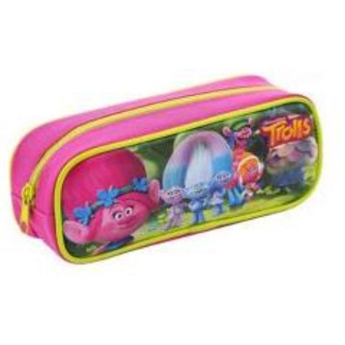 A colorful "trolls" themed Dreamworks Monster Pencil Case featuring characters from the movie on a green and pink background, designed with a pink zipper.