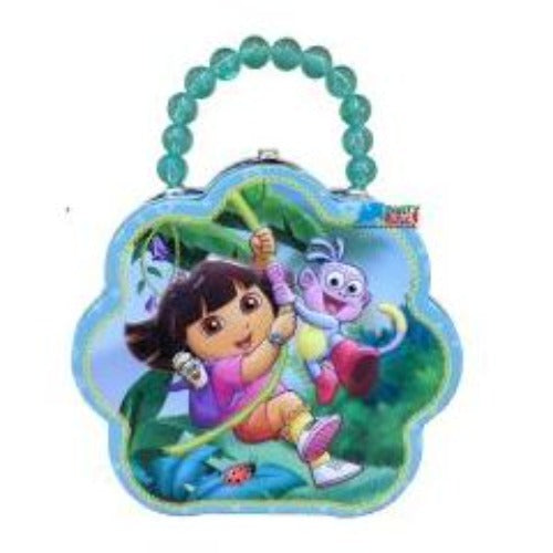 A colorful Tin Box Company licensed children's purse featuring an illustration of Dora the Explorer and Boots in a jungle setting, with a beaded teal handle. Recommended for ages 3+.