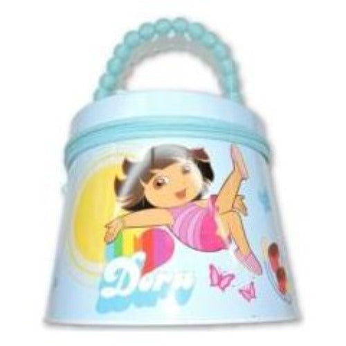 A licensed Dora the Explorer-themed Tin Box Company plastic purse with a beaded handle featuring a colorful graphic of Dora in a pink dress, set against a pastel background with butterflies.