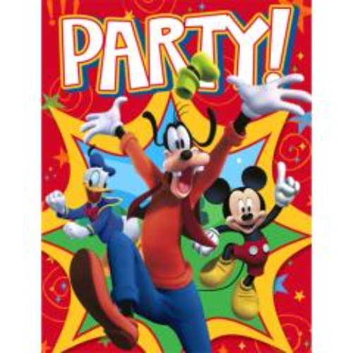 Colorful Mickey Mouse Pack of 8 Invitations - Group featuring an excited Goofy standing with arms outstretched, Mickey Mouse smiling beside him, under a vibrant confetti-filled background.