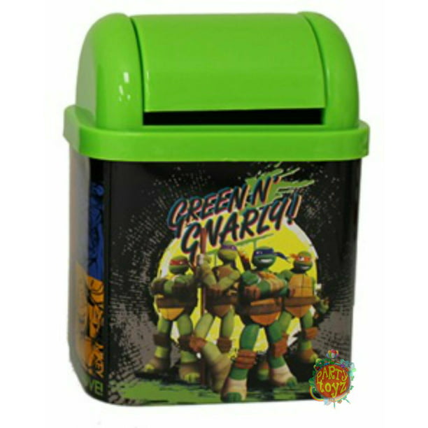 A green-colored trash can featuring a graphic of the Teenage Mutant Ninja Turtles labeled "Green N' Gnarly, such as the Teenage Mutant Ninja Turtles Desktop Waste Bin Tin from Tin Box Company.