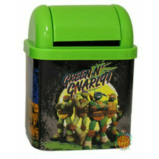 A green-colored trash can featuring a graphic of the Teenage Mutant Ninja Turtles labeled "Green N' Gnarly, such as the Teenage Mutant Ninja Turtles Desktop Waste Bin Tin from Tin Box Company.