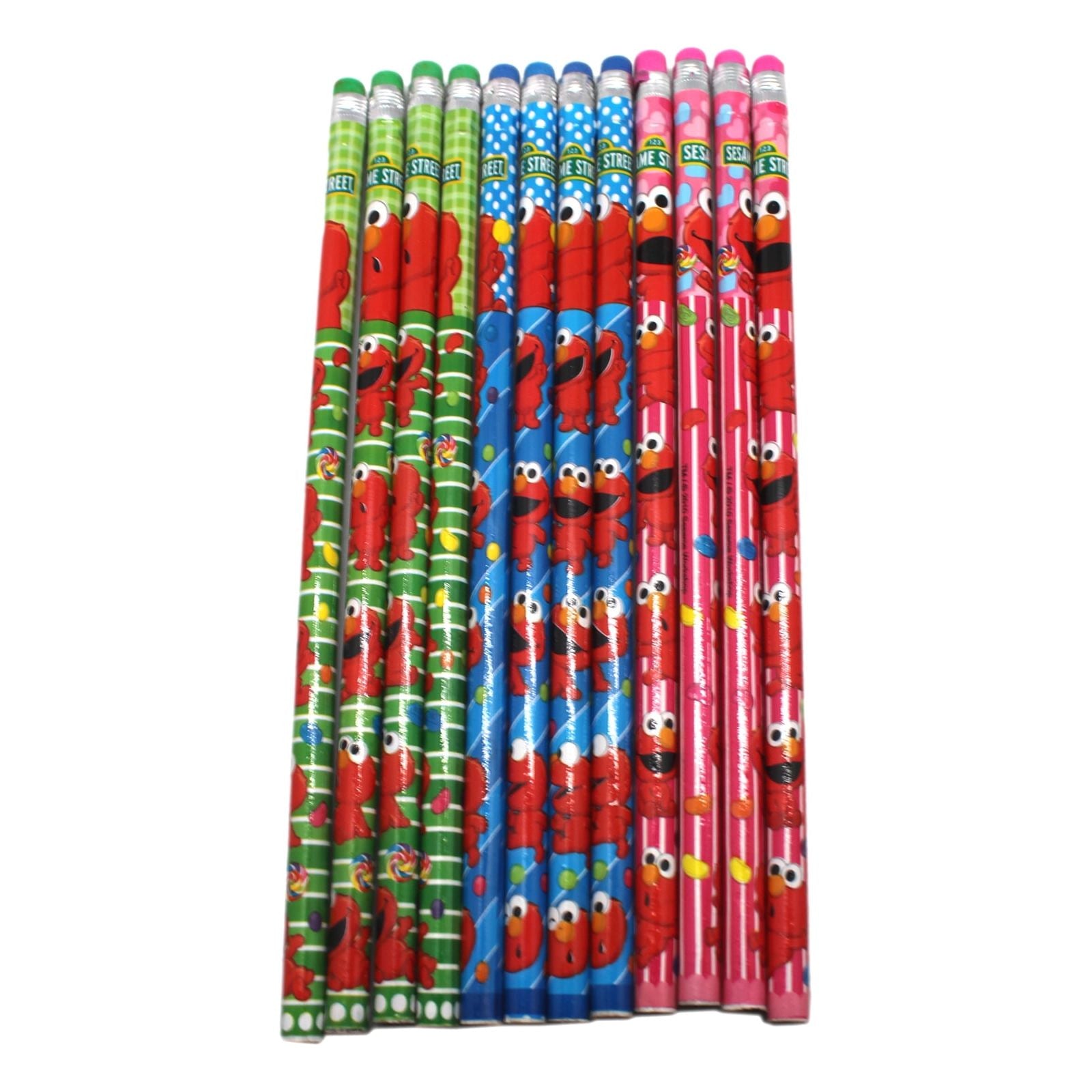 A collection of colorful cartoon-themed Sesame Street Elmo Wooden Pencils (12 pcs) lined up side by side, featuring various character designs in red, green, and pink by MII.