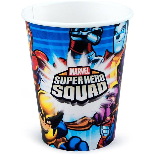 A colorful, licensed Hallmark Marvel Super Hero Squad themed 9 oz paper cup featuring comic-style illustrations of various superheroes.