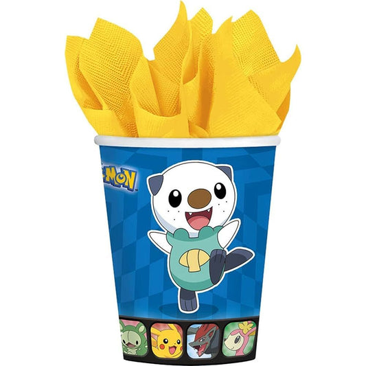 A Designware POKEMON BIRTHDAY Paper Cup decorated with licensed Pokémon characters and filled with yellow paper napkins designed to resemble French fries.