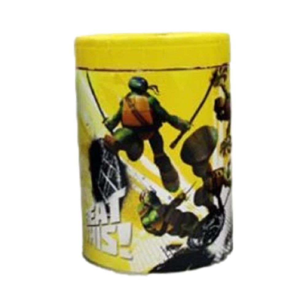 A colorful licensed wristband featuring a graphic of a Teenage Mutant Ninja Turtles Rounded Tin Coin Bank - Yellow in action, set against a bright yellow background with the phrase "eat this" in bold lettering.