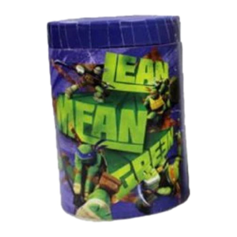 A cylindrical tin storage container featuring a colorful graphic of the Teenage Mutant Ninja Turtles with the words "lean mean green" displayed prominently - Teenage Mutant Ninja Turtles Rounded Tin Coin Bank - Blue from Tin Box Company.