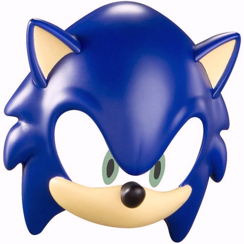 A close-up image of a TOMY Sonic Boom Role Play Mask featuring his signature bright blue fur, pointed ears, green eyes, and a confident smirk.