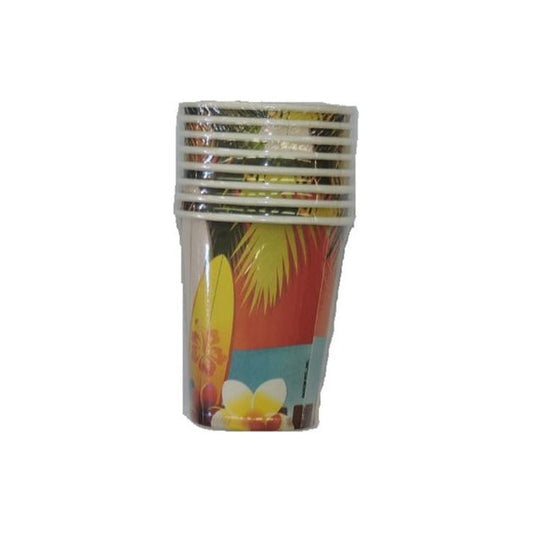 A stack of Axiom's Hawaii Beverage Cups Pack of 8, with tropical beach designs including palm trees and surfboards, holds 9 oz, isolated on a white background.