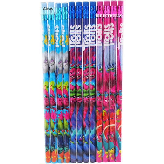 Trolls Wooden Pencils Pack of 12 - Pink/Purple/Blue - Partytoyz Inc